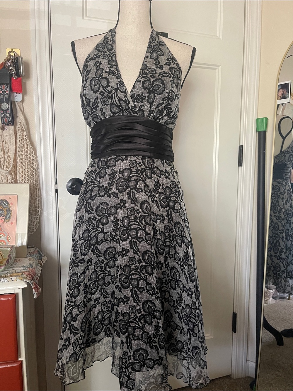 Mixit Black & Gray One-Shoulder Floral Halter Dress